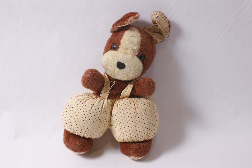 1940s Antique Funny Plush Puppy in Dotted Outfit Handmade Soft Toy ~ 260304-WH